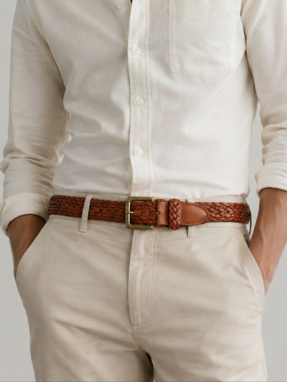 J. Crew Men's Woven Braided Leather Belt w/Brass Buckle - Chestnut Brown Size M